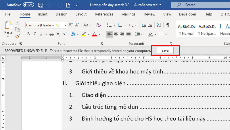 Khôi phục file Word khi bị mất điện - lưu tự động